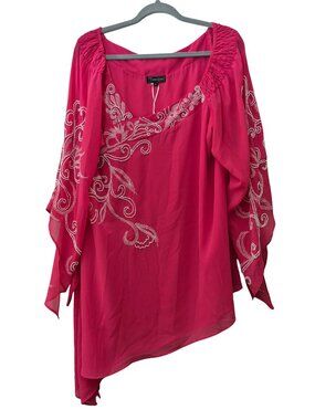 Tunique Asymmetric Tunic Top Women Size M Embroidered Sheer Sleeve Pink